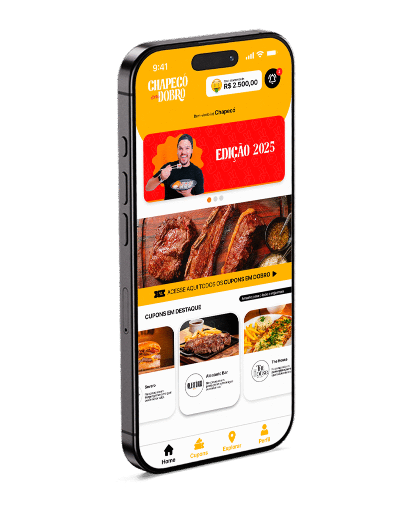 App Chapeco em Dobro: tela inicial, mapa interativo e lista de cupons